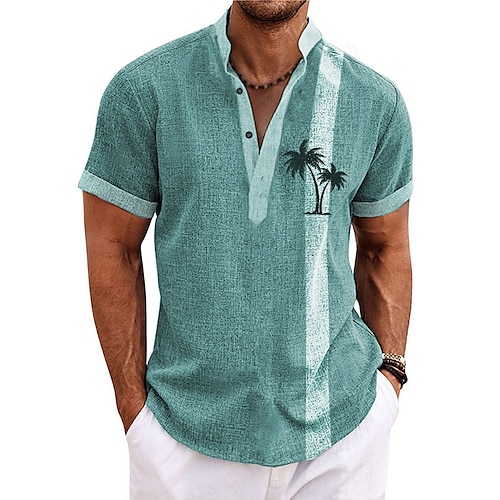 

Men's Linen Shirt Coconut Tree Striped Graphic Prints Stand Collar Light Green Navy Blue Blue Brown Green Outdoor Street Short Sleeve Print Clothing Apparel Fashion Streetwear Designer Recyclable