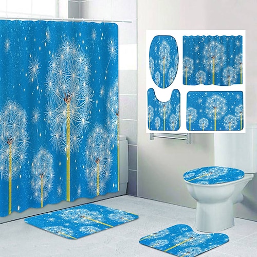 4pcs/set Flower Pattern Shower Curtain & Bath Mat, Modern