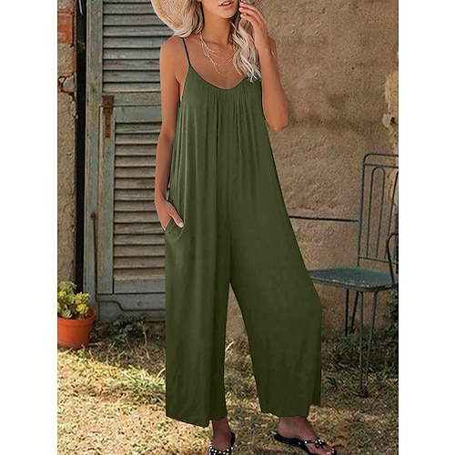 

Women's Jumpsuit Solid Color V Neck Casual Daily Summer Sling Pocket Casual Trousers Strapless Belted Wide Leg Playsuit Romper