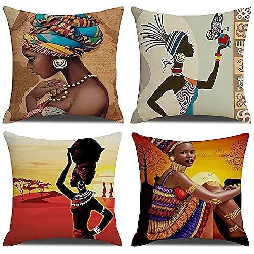 

Capa de almofada dupla lateral feminina africana 4 peças, capa de almofada quadrada decorativa macia para quarto, sofá da sala, cadeira