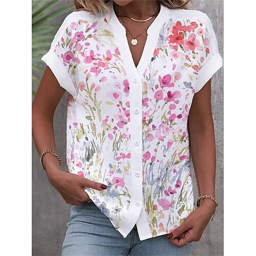 

Mujer Camisa Blusa Amarillo Rojo Verde Trébol Floral Estampado Manga Corta Casual Festivos Básico Escote en Pico Regular Flor S