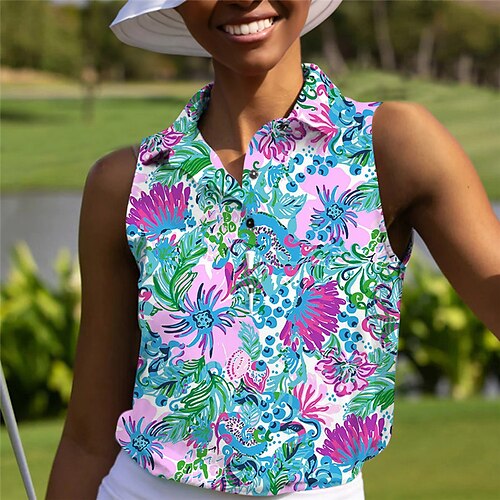 

Femme T-shirt POLO vêtements de golf Respirable Séchage rapide Poids Léger Sans Manches T-shirt Top Floral Imprimé Eté Le golf