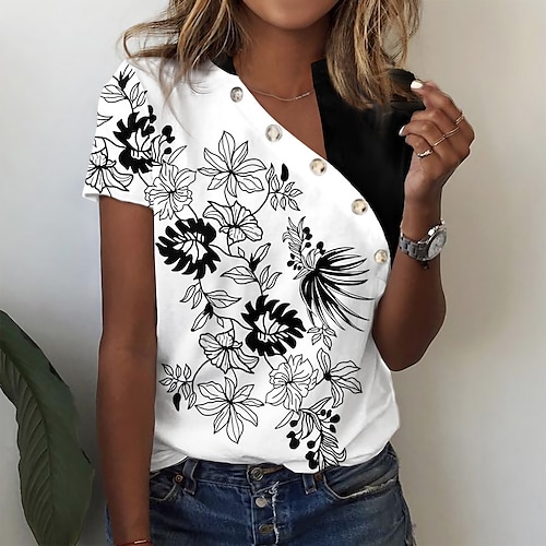 

T shirt Tee Femme Noir Rose Claire Bleu Floral Imprimer Manche Courte Vacances Fin de semaine basique Col V Normal Standard Fleur Peinture S