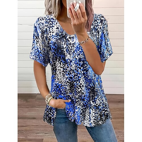 

Mulheres Camiseta Blusa Amarelo Vermelho Azul Leopardo Imprimir Manga Curta Casual Básico Decote V Padrão S