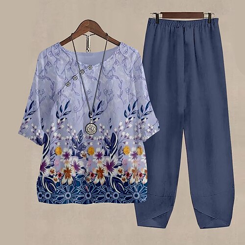 

Women's Shirt Pants Sets Pants Trousers Basic Blue Holiday Weekend Floral Print Round Neck S M L XL 2XL