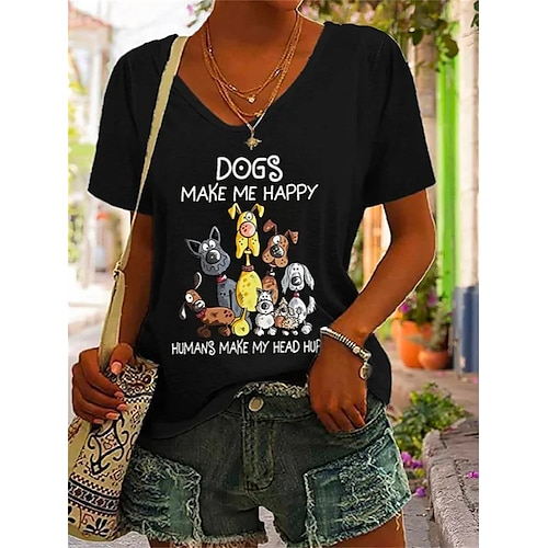 

Women's T shirt Tee Black Dog Letter Print Short Sleeve Daily Weekend Basic V Neck Regular Painting S