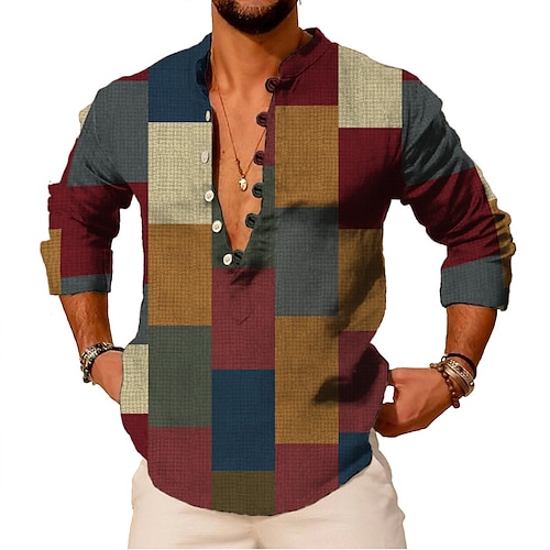 

Homme Chemise Chemise Lin Bloc de couleur Imprimés Photos Géométrie Mao Rouge bleu marine Bleu Vert Kaki Extérieur Plein Air manche longue Imprimer Vêtement Tenue Lin Mode Vêtement de rue Design