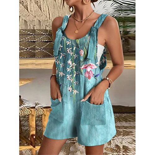 

Women's Overall Pocket Print Floral U Neck Casual Daily Going out Baggy Shorts Loose Fit Strap Blue Dusty Blue Green S M L Summer