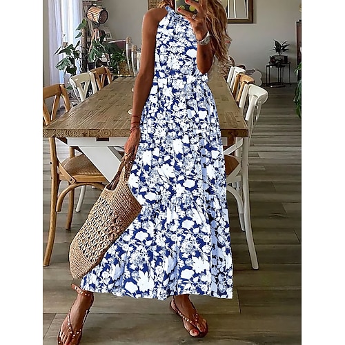 

Women's Casual Dress Swing Dress A Line Dress Floral Polka Dot Lace up Print Stand Collar Long Dress Maxi Dress Fashion Streetwear Outdoor Date Sleeveless Loose Fit Black White Navy Blue Summer Spring