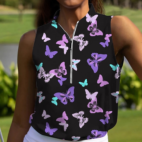 

Mulheres Camisa polo de caminhada Camisa de golfe Respirável Secagem Rápida Pavio Humido Sem Manga Vestuário de golfe Roupas de golfe Normal Zíper Colarinho Alto Borboleta Verão Tênis Golfe Pickleball