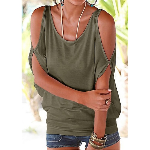 

Women's T shirt Tee Plain Cold Shoulder Black White Army Green Cut Out Short Sleeve Daily Weekend Basic U Neck Off Shoulder Regular Fit