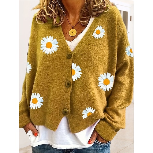 

Mujer Chaqueta de Punto Puente Estriado Tejer Botón Floral Escote en Pico Elegante Casual Exterior Diario Primavera Otoño Negro Amarillo S M L