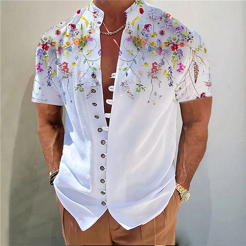 

Men's Shirt Linen Shirt Floral Graphic Prints Stand Collar Red Blue Green Gray Outdoor Street Short Sleeve Print Clothing Apparel Linen Fashion Streetwear Designer Casual