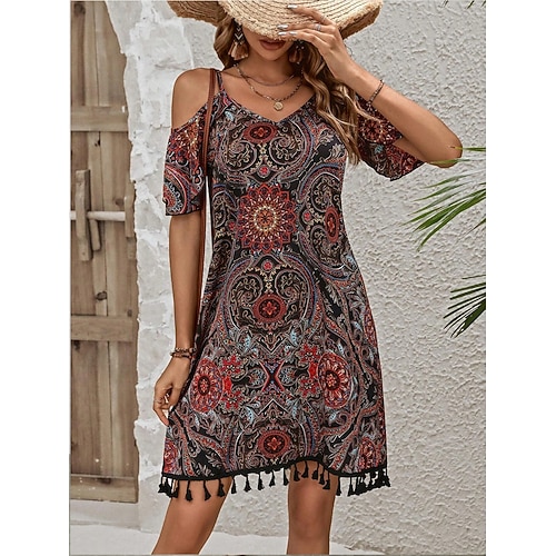 

Mujer Vestimenta casual Vestido Étnico Vestido de verano Floral Tribal Borlas Hombro frío Con Tirantes Mini vestido Vintage Étnico Exterior Diario Manga Corta Ajuste regular Rojo Oscuro Verano