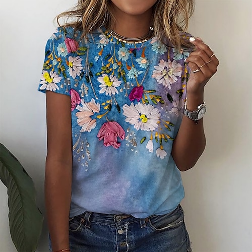 

Mulheres Camiseta Azul Floral Imprimir Manga Curta Feriado Final de semana Básico Decote Redondo Padrão Tema Flores Pintura S