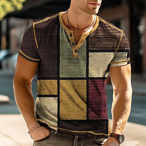 

Homme Chemise Henley Shirt Graphic Bloc de couleur Henley Vêtement Tenue 3D effet Extérieur du quotidien Manche Courte Bouton bas Imprimer Mode Design Confortable