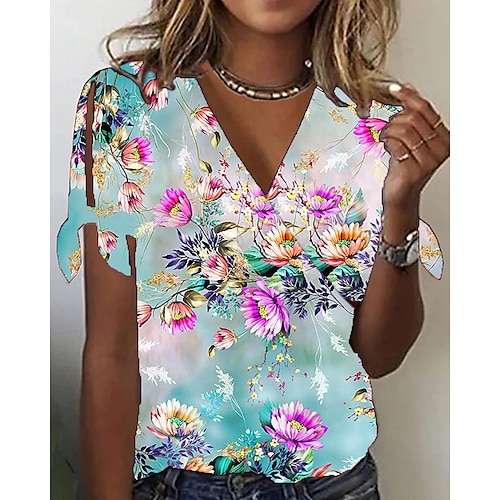 

Chemise Chemisier Femme Blanche Bleu Roi Bleu Floral Découpé Imprimer Manche Courte Casual Vacances basique Col V Normal Standard Fleur S