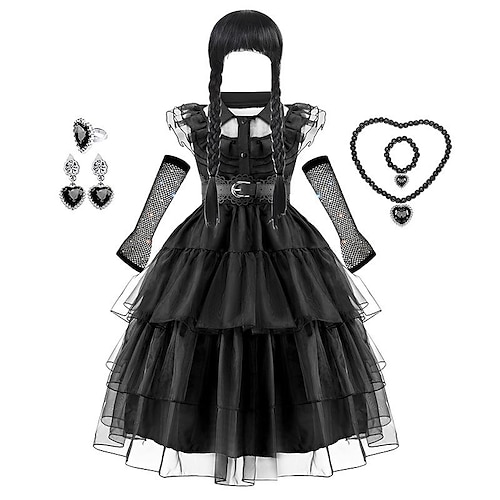 

Girls Wednesday Addams Addams Family Dress Wig Accessories Cosplay Outfit Punk & Gothic Ruffle Trim Layered Hem Mesh Dress Costume Dress Up Birthday Party Performance Necklace Ear Clip Fishnet Gloves