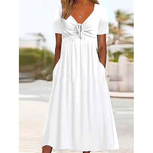 

Mulheres Vestido casual Vestido branco Vestido de verão Vestido midi Cordões Bolsos Ao ar livre Diário Férias Moda Moderno Decote V Manga Curta 2023 Ajuste Largo Branco Cor S M L XL XXL Tamanho