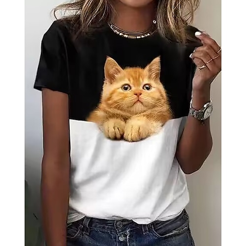 

T shirt Tee Femme Blanche Jaune Rose Claire Bloc de couleur Chat Imprimer Manche Courte du quotidien Fin de semaine basique Col Rond Normal Standard Chat 3D Peinture S