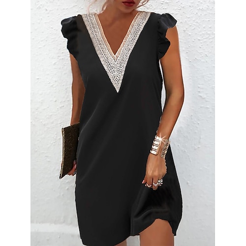 

Damen Casual kleid schwarzes kleid Tank-Top Kleid Minikleid Rüsche Patchwork Täglich Verabredung Ausgehen Basic Klassisch V Ausschnitt Ärmellos 2023 Lockere Passform Schwarz Farbe S M L XL XXL Größe