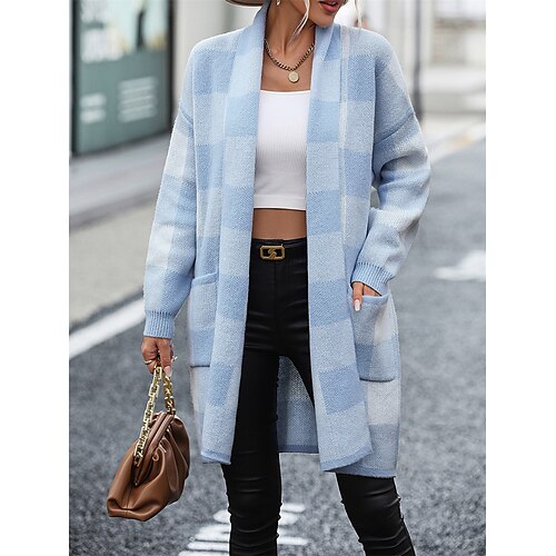 

Women's Cardigan Sweater Jumper Ribbed Knit Tunic Pocket Plaid Open Front Stylish Casual Outdoor Daily Spring Fall Black Blue S M L