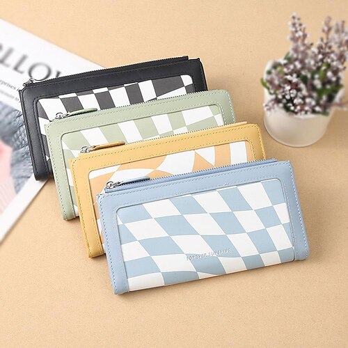 

Women's Wallet Coin Purse Envelope Bag PU Leather Shopping Daily Zipper Waterproof Lightweight Durable Plaid Black Yellow Light Green