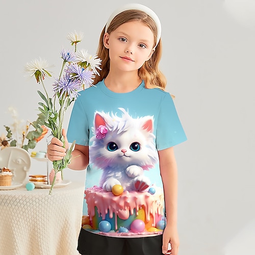 

Fille T-shirt Manche Courte T-shirt Tee-shirts Graphic Bande dessinée Chat 3D effet Actif Mode Le style mignon Polyester Extérieur Casual du quotidien Enfants Col ras du cou 3-12 ans Graphique