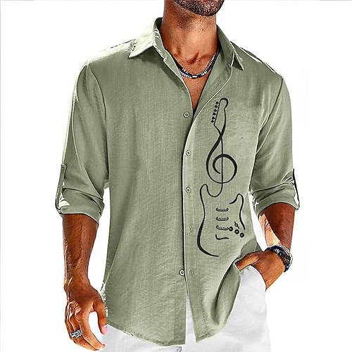 

Homens Camisa Social camisa de linho Estampas Abstratas Guitarra Aberto para a Lateral Azul Verde Cinzento Ao ar livre Rua Manga Longa Imprimir Roupa Linho Moda Roupa de rua Designer Casual