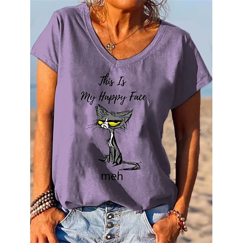 

Mulheres Camiseta Azul Roxo Verde Gato Letra Imprimir Manga Curta Diário Final de semana Básico Decote V Padrão Gato Pintura S