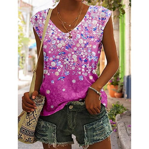 

Damen Tank Top Rosa Rote Blau Blumen Bedruckt Ärmellos Casual Festtage Basic V Ausschnitt Standard Blume S