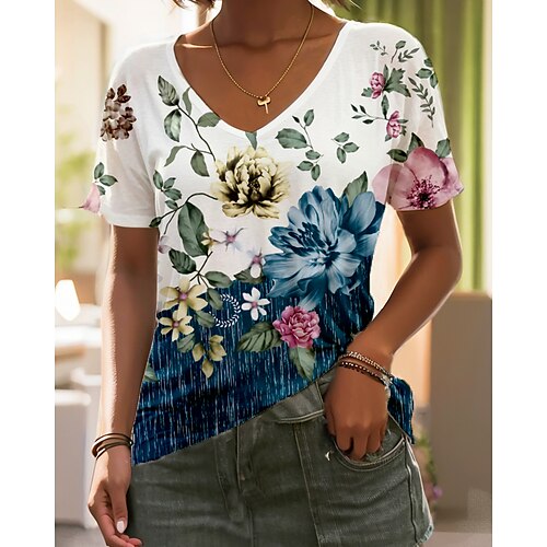 

Mulheres Camiseta Azul Roxo Verde Floral Imprimir Manga Curta Feriado Final de semana Básico Decote V Padrão Tema Flores Pintura S