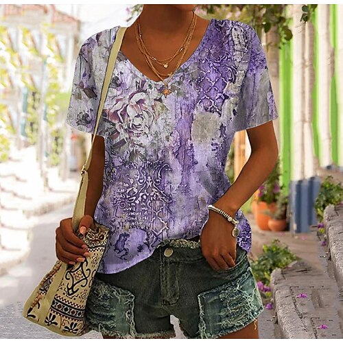 

Damen T Shirt Gelb Blau Purpur Blumen Bedruckt Kurzarm Festtage Wochenende Basic V Ausschnitt Standard Blume Farbe S