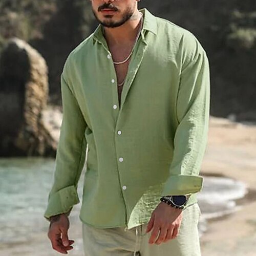 

Homme Chemise Lin Chemise Chemisette Chemise d'été Chemise de plage Vert manche longue Plein Revers Printemps été Hawaïen Vacances Vêtement Tenue Basique