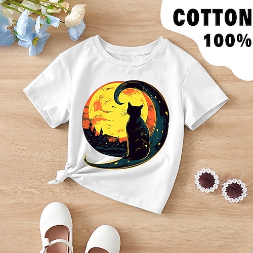 

Boys T shirt Short Sleeve T shirt Tee Graphic Cat Moon 3D Print Active Sports Fashion 100% Cotton Outdoor Casual Daily Kids Crewneck 3-12 Years 3D Printed Graphic Regular Fit Shirt