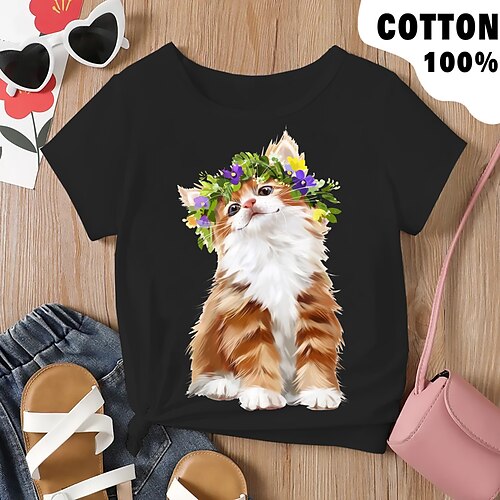 

Mädchen T-Shirt Kurzarm T-Shirt Graphic Karikatur Katze 3D-Druck Aktiv Modisch Kuschelig 100% Baumwolle Outdoor Casual Täglich kinderkleidung Rundhalsausschnitt 3-12 Jahre 3D-gedruckte Grafik Regular