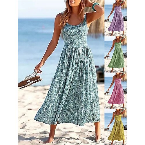 

Mulheres Vestido casual Vestidos Para o Verão Vestido floral Floral Ditsy Franzido Imprimir Com Alças Vestido midi Moda Roupa de rua Rua Diário Sem Manga Normal Rosa Roxo Dourado Verão Primavera S M