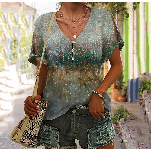 

Women's T shirt Tee Blue Purple Green Graphic Button Cut Out Short Sleeve Daily Weekend Basic V Neck Regular Painting S