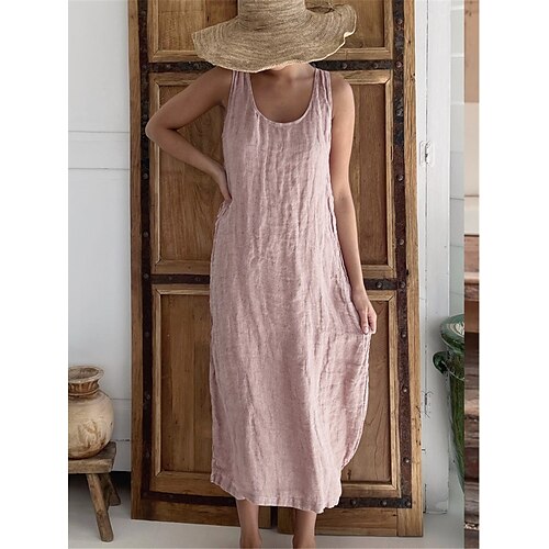 

Mulheres Vestido casual Vestido de linho de algodão Vestido Tipo Regata Longa Vestido midi Misto de Algodão e Linho Básico Casual Ao ar livre Diário Férias Decote U Básico Sem Manga Verão Primavera