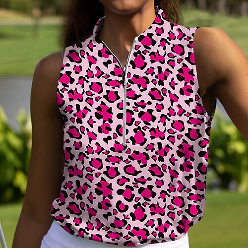 

Mulheres Camisa polo de caminhada Camisa de golfe Respirável Secagem Rápida Pavio Humido Sem Manga Vestuário de golfe Roupas de golfe Normal Zíper Colarinho Alto Leopardo Verão Tênis Golfe Pickleball