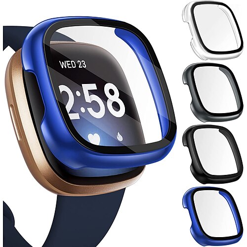 

Pacote com 4 protetores de tela de vidro temperado para fitbit sense/versa 3 estojo rígido para pc com capa protetora sensível ao toque capa protetora de cobertura total para relógio inteligente