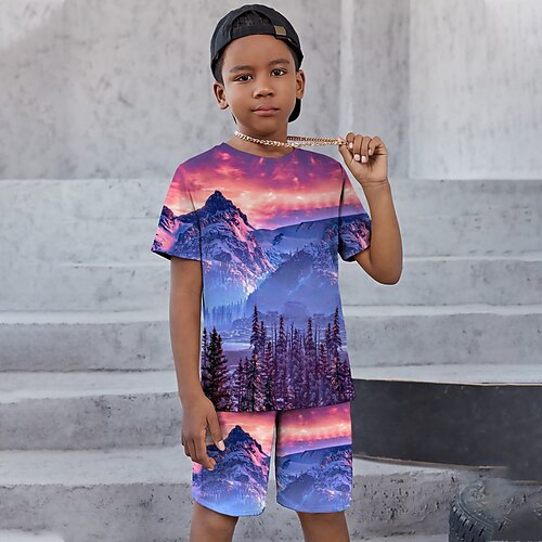 

2 Peças Infantil Para Meninos T-shirt Shorts Conjuntodet-shirts Conjunto Equipamento Gráfico Árvore Manga Curta Crewneck Definir Ao ar livre Impressões 3D Ativo Esportes Moda Verão Primavera 3-13