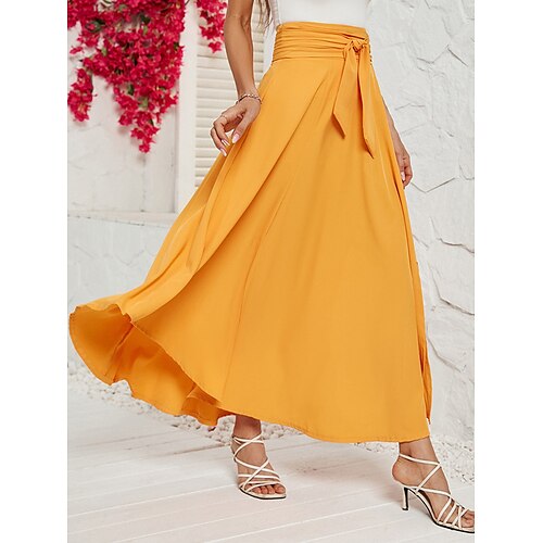 

Women's Skirt Swing Maxi Polyester Red Purple Orange Skirts Summer Ruched Pocket Fashion Casual Street Daily S M L