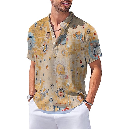 

Herren Hemd leinenhemd Stammes Grafik-Drucke Vintage Ständer Gelb Grau Outdoor Strasse Kurzarm Bedruckt Bekleidung Leinen Modisch Strassenmode Designer Brautkleider schlicht