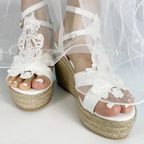 

Damen Sandalen Keilabsätze Hochzeit Täglich Spitze Keilabsatz Offene Spitze Modisch Elegant Kunstleder Kreuzgurt Feste Farbe Weiß