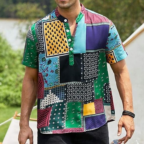 

Hombre Camisa camisa de lino A Rayas Tribal Estampados Cosecha Escote Chino Amarillo Azul Piscina Naranja Arco Iris Exterior Calle Manga Larga Estampado Ropa Lino Moda Ropa de calle Design Casual