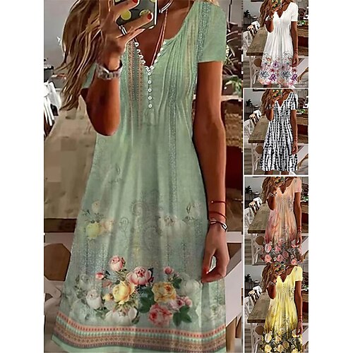 

Mulheres Vestido casual Vestido de verão Vestido estampado Gráfico Floral Botão Imprimir Pescoço Dividido Vestido midi Moda Roupa de rua Ao ar livre Rua Manga Curta Normal Preto Branco Amarelo Verão