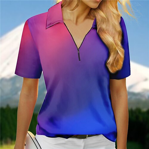 

Mulheres Camisa polo de caminhada Camisa de golfe Proteção Solar UV Respirável Secagem Rápida Manga Curta Vestuário de golfe Roupas de golfe Normal Zíper Cores Gradiente Verão Tênis Golfe Pickleball