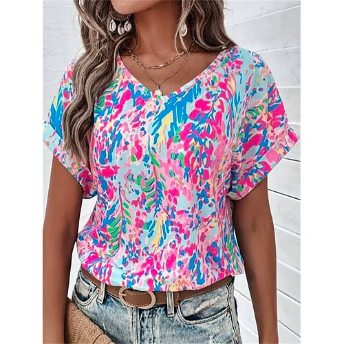 

T shirt Tee Femme Rose Claire Graphic Imprimer Manche Courte du quotidien Fin de semaine basique Col V Normal Standard Peinture S