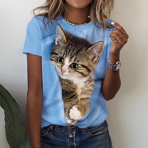 

Damen T Shirt Rosa Blau Purpur Katze 3D Bedruckt Kurzarm Täglich Wochenende Basic Rundhalsausschnitt Standard 3D Cat Farbe S